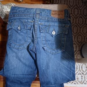 True Religion Men's Medium Blue Straight Leg Jeans with Signature Pocket Flaps